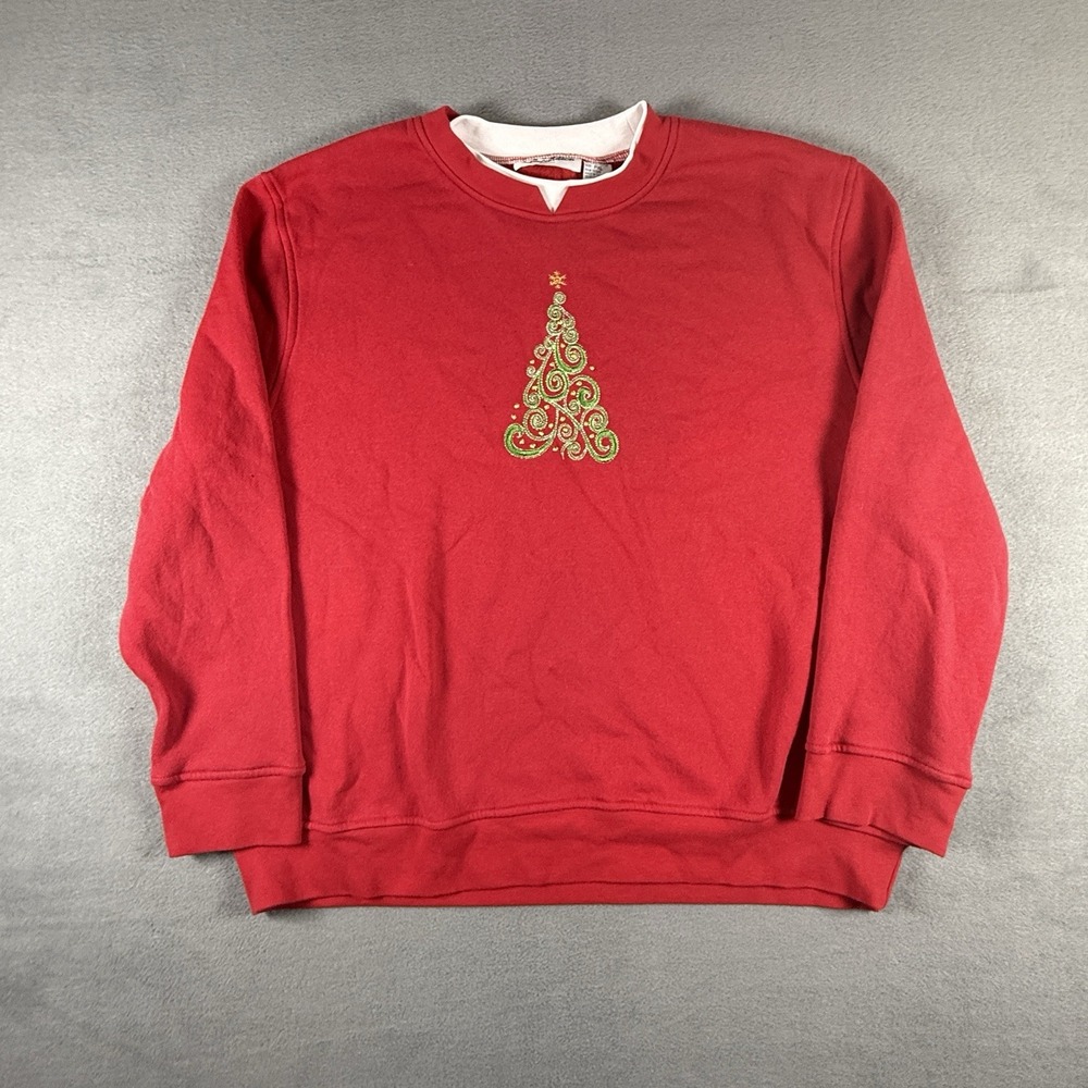 Christmas Sweater Womens Sz XL Petite Red Christmas Tree‎ Gold